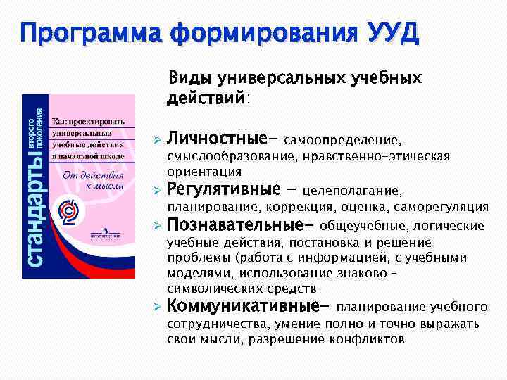 Программа формирования УУД Виды универсальных учебных действий: Личностные- самоопределение, смыслообразование, нравственно-этическая ориентация Ø Регулятивные