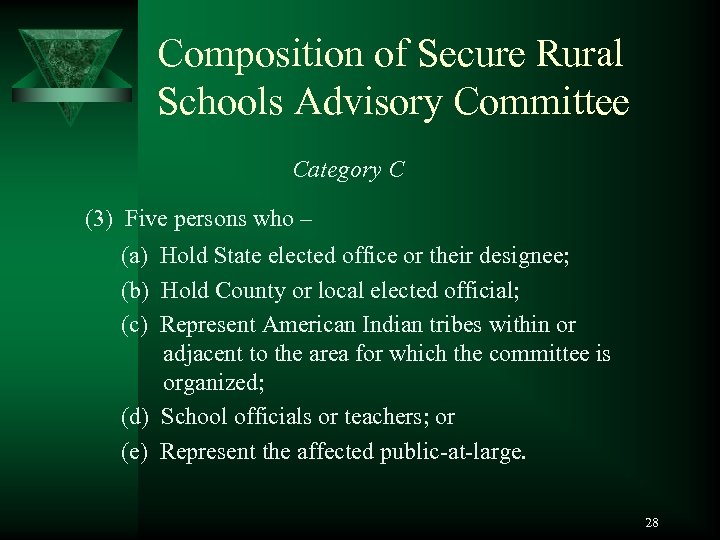 Composition of Secure Rural Schools Advisory Committee Category C (3) Five persons who –