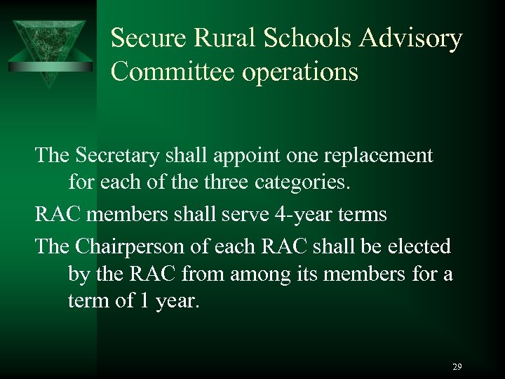 Secure Rural Schools Advisory Committee operations The Secretary shall appoint one replacement for each