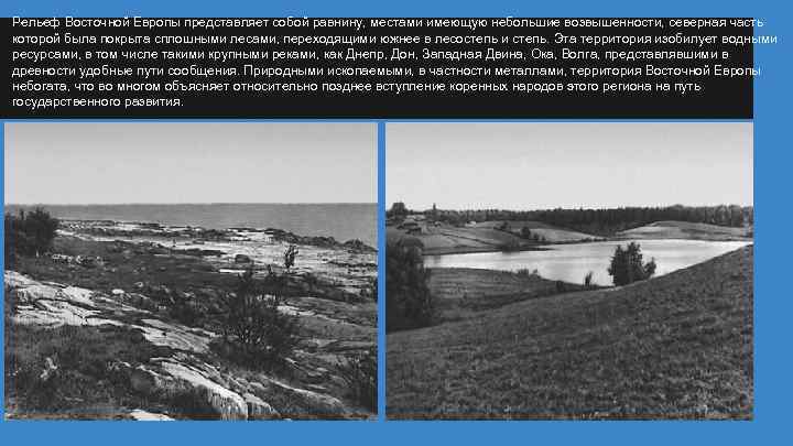 Рельеф Восточной Европы представляет собой равнину, местами имеющую небольшие возвышенности, северная часть которой была