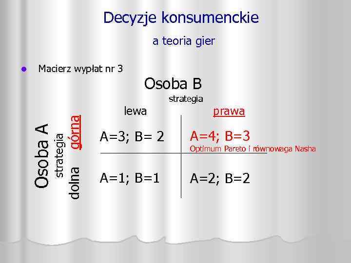 Decyzje konsumenckie a teoria gier Macierz wypłat nr 3 Osoba B górna prawa A=4;