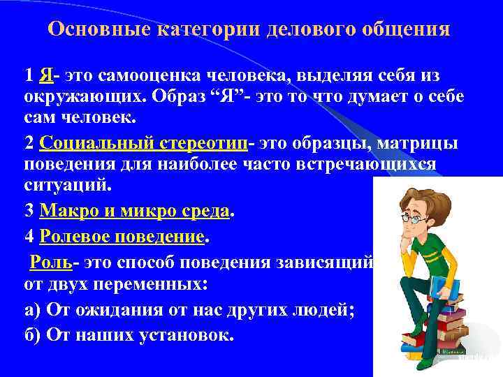 Основные категории делового общения 1 Я- это самооценка человека, выделяя себя из окружающих. Образ