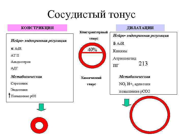 Сосудистый тонус КОНСТРИКЦИЯ ДИЛАТАЦИЯ Констрикторный Нейро- эндокринная регуляция α Ad. R тонус ß Ad.