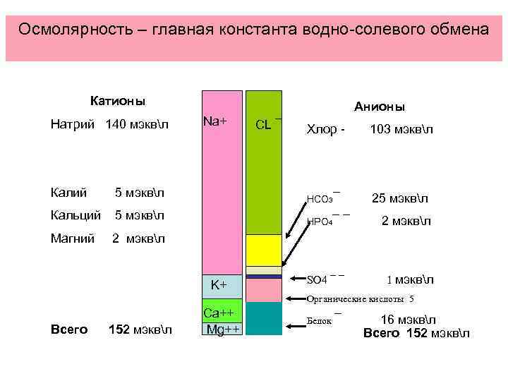 Осмолярность – главная константа водно-солевого обмена Катионы Натрий 140 мэквл Калий CL ¯ Хлор