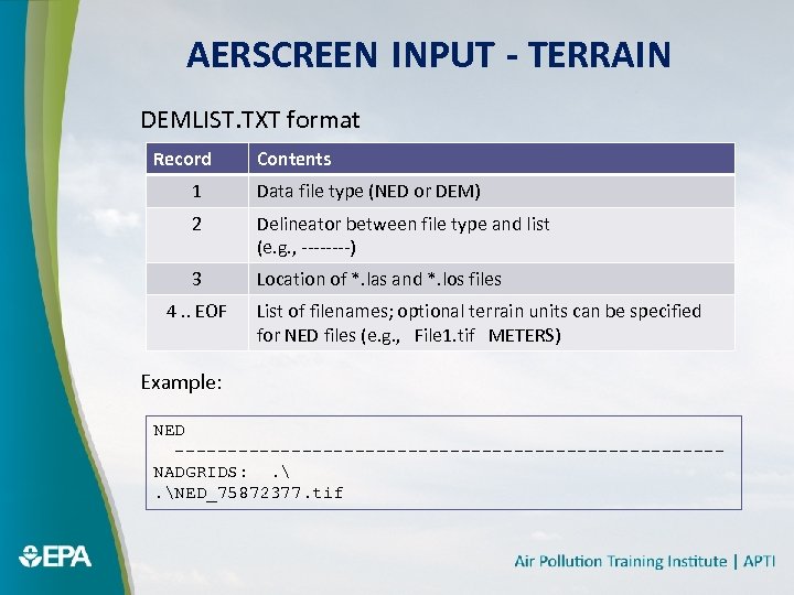 AERSCREEN INPUT - TERRAIN DEMLIST. TXT format Record Contents 1 Data file type (NED