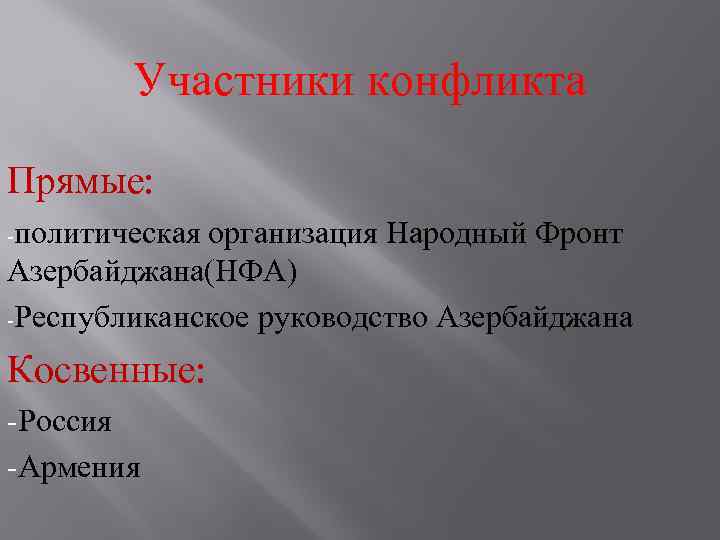 Участники конфликта Прямые: -политическая организация Народный Фронт Азербайджана(НФА) -Республиканское руководство Азербайджана Косвенные: -Россия -Армения