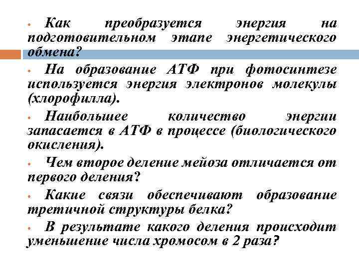 Как преобразуется энергия на подготовительном этапе энергетического обмена? • На образование АТФ при фотосинтезе