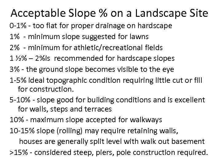 Acceptable Slope % on a Landscape Site 0 -1% - too flat for proper