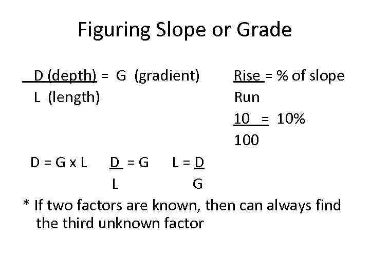 Figuring Slope or Grade D (depth) = G (gradient) L (length) D=Gx. L Rise