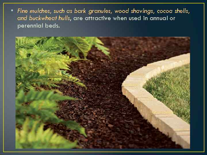  • Fine mulches, such as bark granules, wood shavings, cocoa shells, and buckwheat