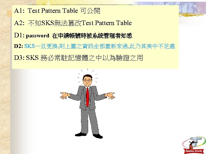 A 1: Test Pattern Table 可公開 A 2: 不知SKS無法篡改Test Pattern Table D 1: password