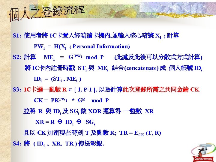 S 1: 使用者將 IC卡置入終端讀卡機內, 並輸入核心暗號 Xi ; 計算 PWi = H(Xi ; Personal Information)