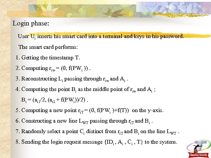 Login phase: User Ui inserts his smart card into a terminal and keys in