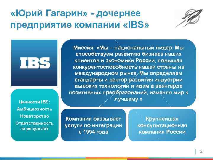  «Юрий Гагарин» - дочернее предприятие компании «IBS» Ценности IBS: Миссия: «Мы – национальный