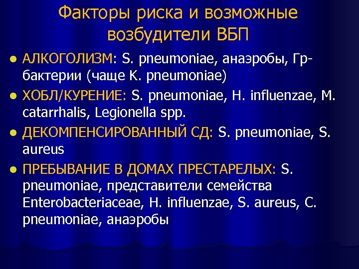 Факторы риска и возможные возбудители ВБП АЛКОГОЛИЗМ: S. pneumoniae, анаэробы, Гр- бактерии (чаще K.