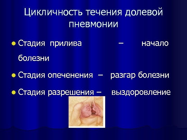 Цикличность течения долевой пневмонии l Стадия прилива – начало болезни l Стадия опеченения –