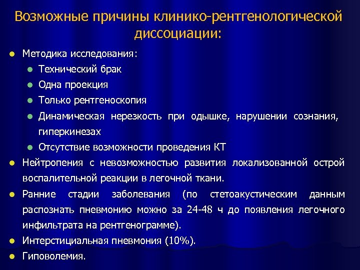 Возможные причины клинико-рентгенологической диссоциации: l Методика исследования: l Технический брак l Одна проекция l