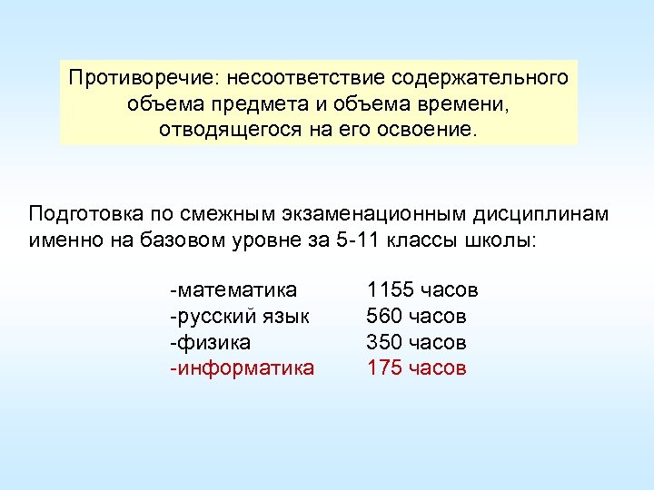 Противоречие: несоответствие содержательного объема предмета и объема времени, отводящегося на его освоение. Подготовка по