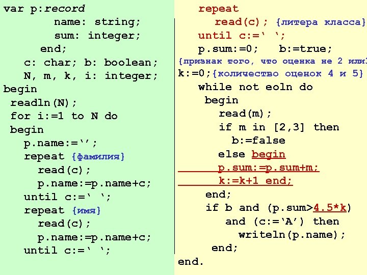 var p: record name: string; sum: integer; end; c: char; b: boolean; N, m,