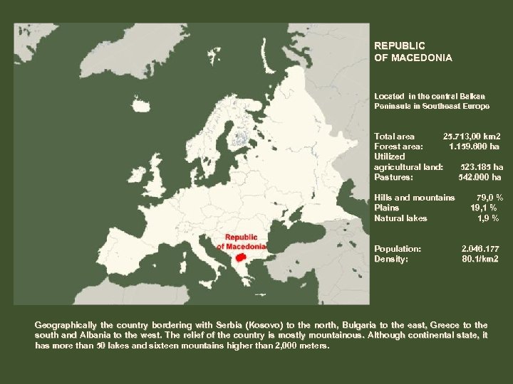 REPUBLIC OF MACEDONIA Located in the central Balkan Peninsula in Southeast Europe Total area