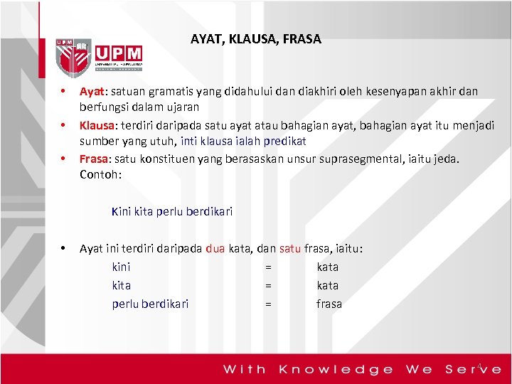 AYAT, KLAUSA, FRASA • • • Ayat: satuan gramatis yang didahului dan diakhiri oleh