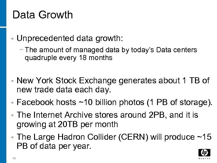 Data Growth • Unprecedented data growth: − The amount of managed data by today’s