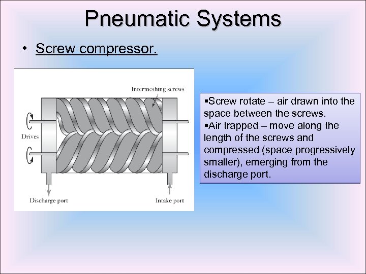 Pneumatic Systems • Screw compressor. §Screw rotate – air drawn into the space between