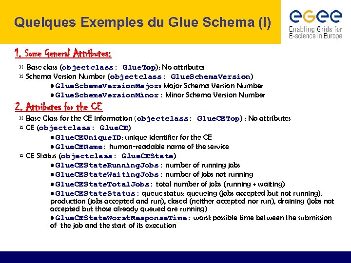 Quelques Exemples du Glue Schema (I) 1. Some General Attributes: ¤ Base class (objectclass: