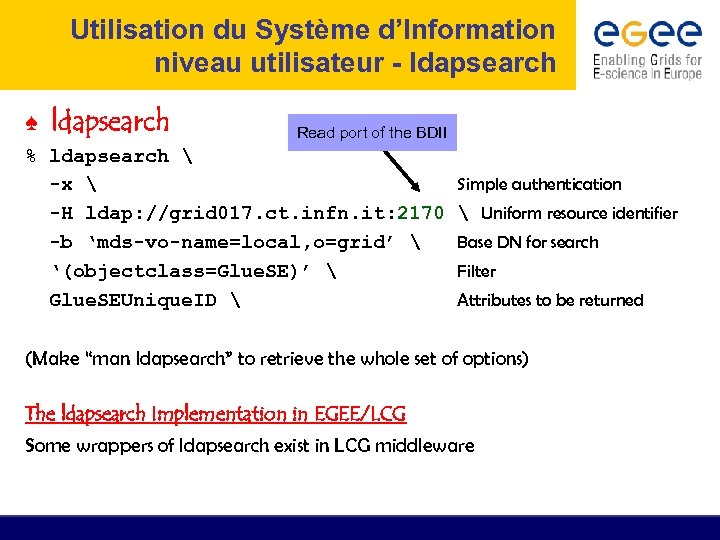 Utilisation du Système d’Information niveau utilisateur - ldapsearch ♠ ldapsearch Read port of the