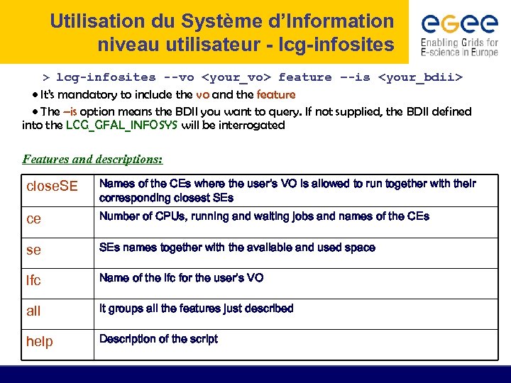 Utilisation du Système d’Information niveau utilisateur - lcg-infosites > lcg-infosites --vo <your_vo> feature –-is