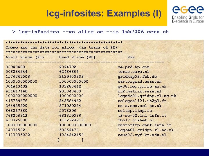 lcg-infosites: Examples (I) > lcg-infosites –-vo alice se –-is lxb 2006. cern. ch ************************