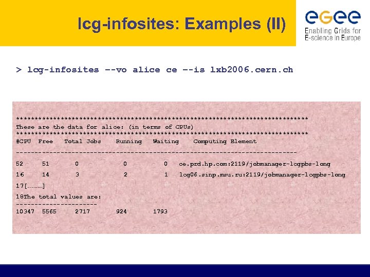 lcg-infosites: Examples (II) > lcg-infosites –-vo alice ce –-is lxb 2006. cern. ch ****************************************