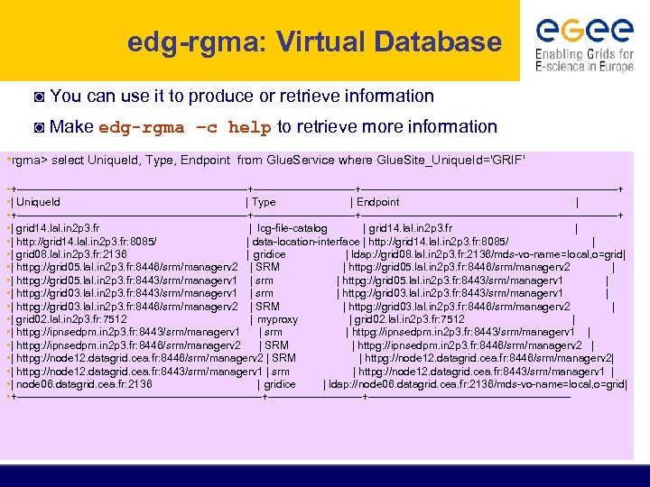 edg-rgma: Virtual Database ◙ You can use it to produce or retrieve information ◙