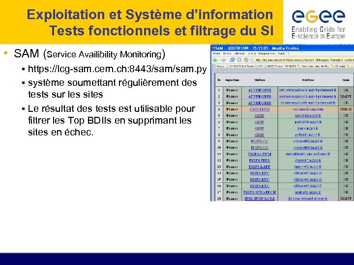 Exploitation et Système d’information Tests fonctionnels et filtrage du SI • SAM (Service Availibility