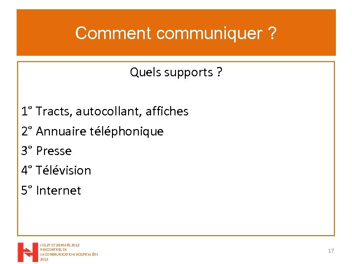 Comment communiquer ? Quels supports ? 1° Tracts, autocollant, affiches 2° Annuaire téléphonique 3°