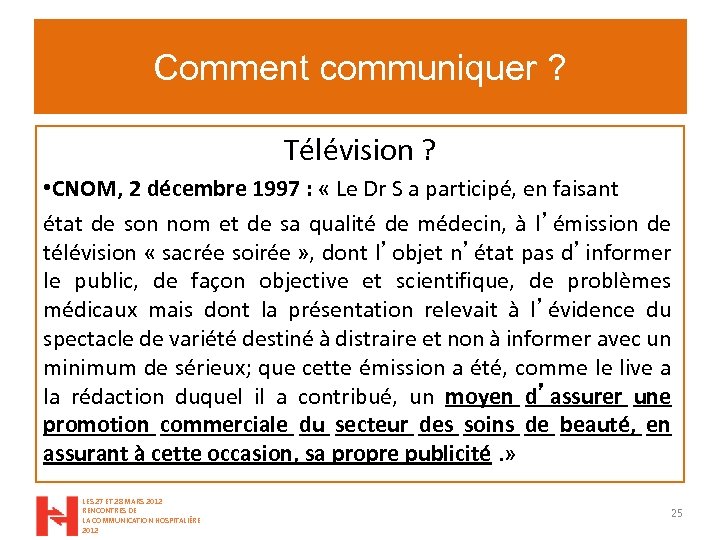 Comment communiquer ? Télévision ? • CNOM, 2 décembre 1997 : « Le Dr
