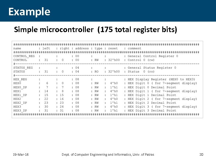 Example Simple microcontroller (175 total register bits) 19 -Mar-18 Dept. of Computer Engineering and