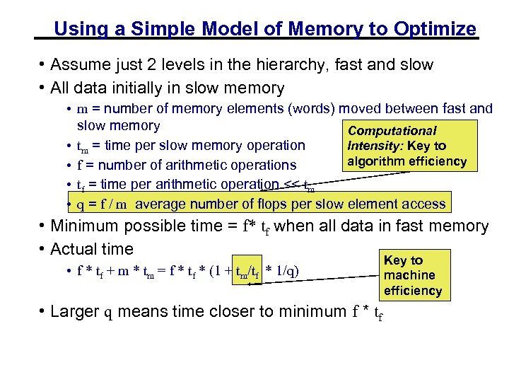 Using a Simple Model of Memory to Optimize • Assume just 2 levels in