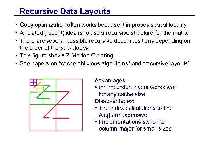 Recursive Data Layouts • Copy optimization often works because it improves spatial locality •