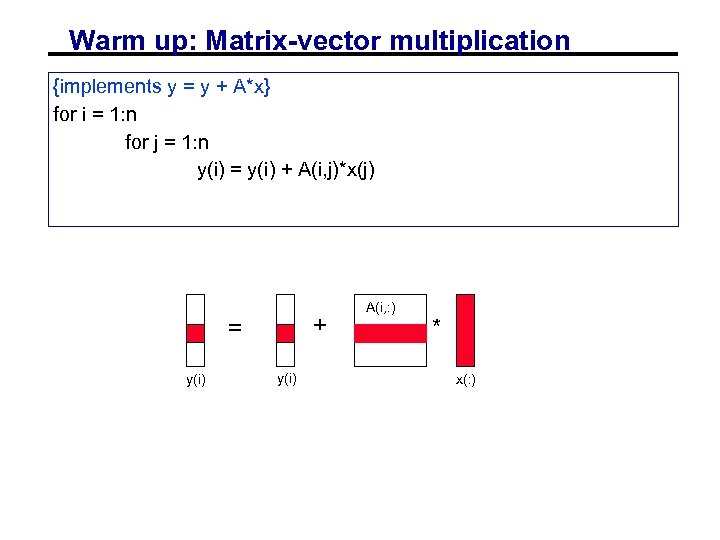 Warm up: Matrix-vector multiplication {implements y = y + A*x} for i = 1: