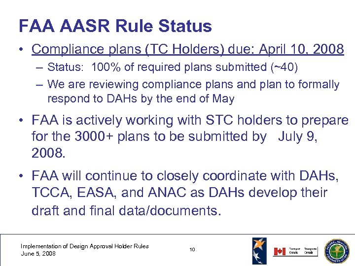 FAA AASR Rule Status • Compliance plans (TC Holders) due: April 10, 2008 –