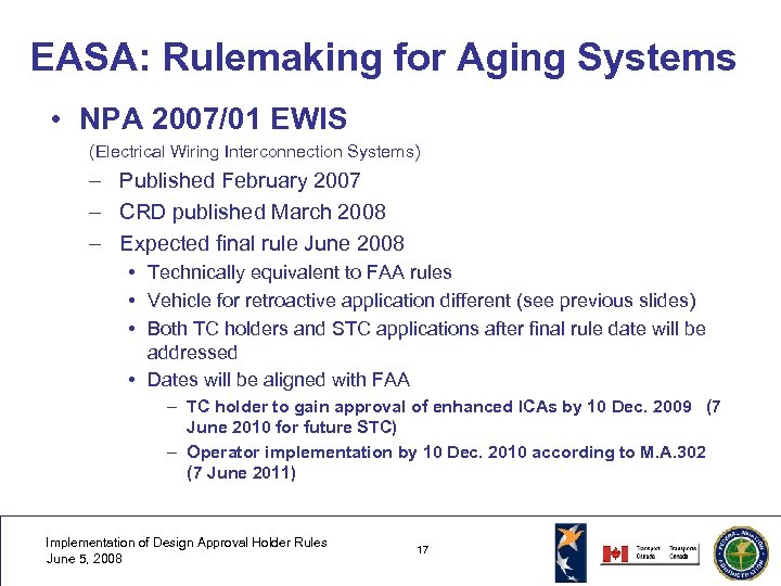 EASA: Rulemaking for Aging Systems • NPA 2007/01 EWIS (Electrical Wiring Interconnection Systems) –