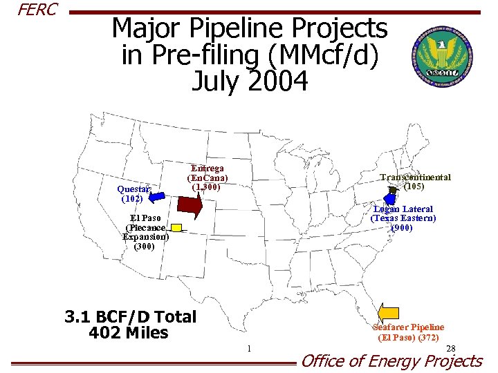 FERC Major Pipeline Projects in Pre-filing (MMcf/d) July 2004 Questar (102) Entrega (En. Cana)