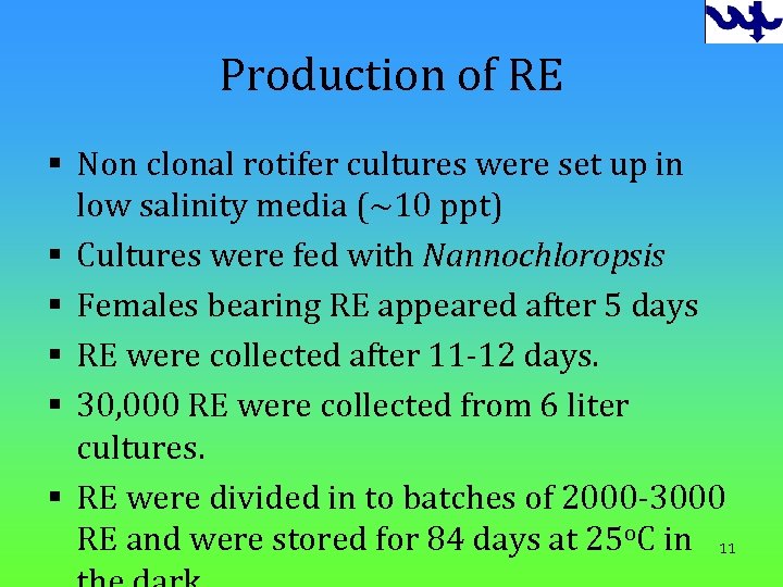 Production of RE § Non clonal rotifer cultures were set up in low salinity