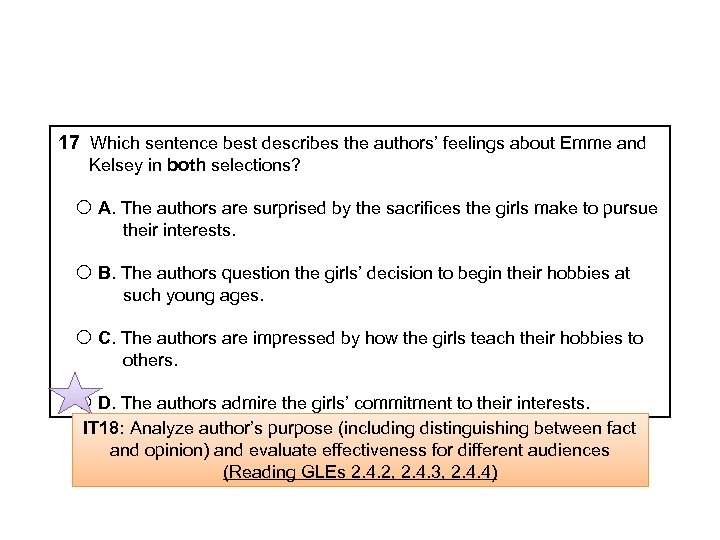 17 Which sentence best describes the authors’ feelings about Emme and Kelsey in both