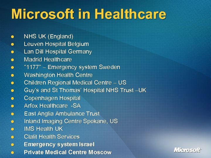 Microsoft in Healthcare l l l l NHS UK (England) Leuven Hospital Belgium Lan