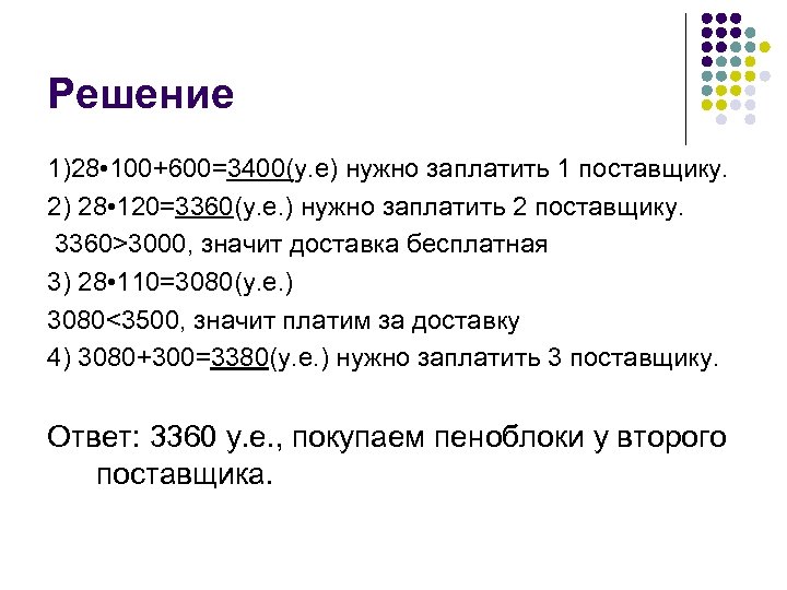 Решение 1)28 • 100+600=3400(у. е) нужно заплатить 1 поставщику. 2) 28 • 120=3360(у. е.