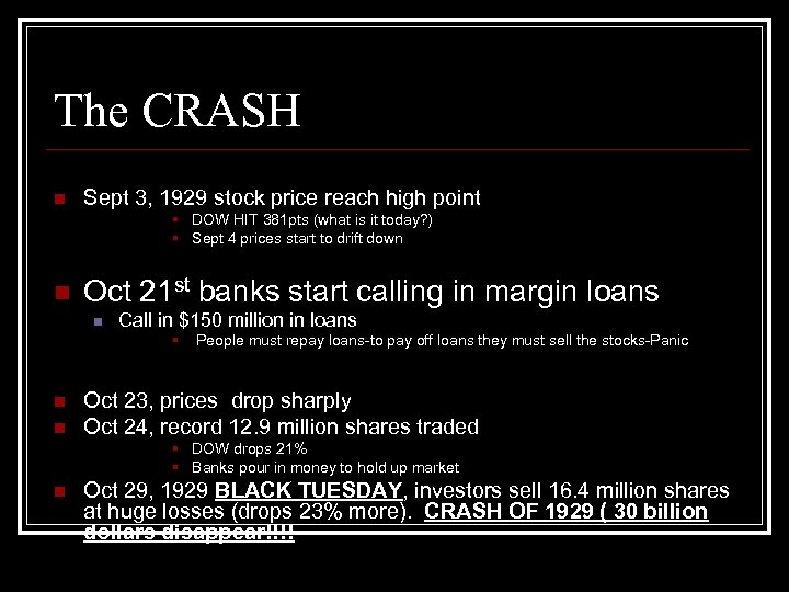 The CRASH n Sept 3, 1929 stock price reach high point § DOW HIT