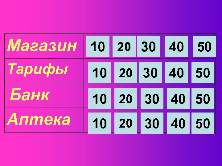 Магазин 10 20 30 40 50 Тарифы 10 20 30 40 50 Банк Аптека