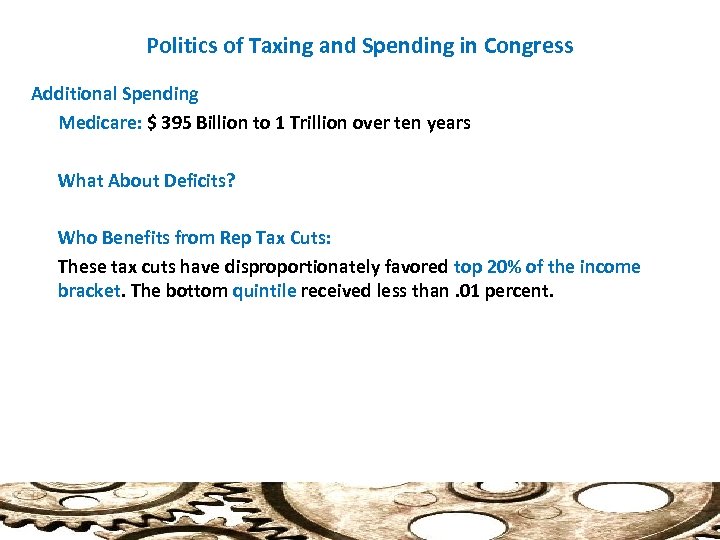 Politics of Taxing and Spending in Congress Additional Spending Medicare: $ 395 Billion to